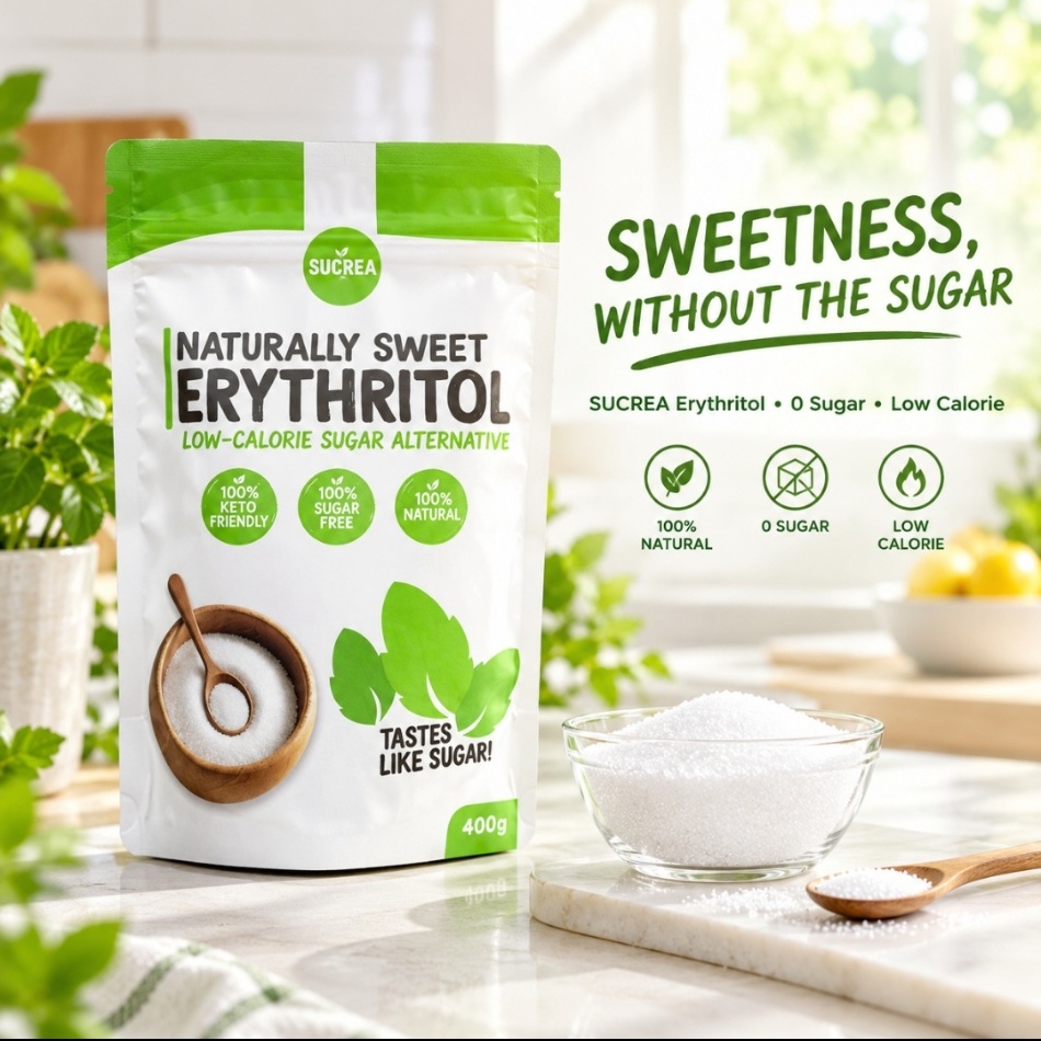 Sucrea erythritol pouch and a bowl of crystals in a bright kitchen, with the words Sweetness, without the sugar